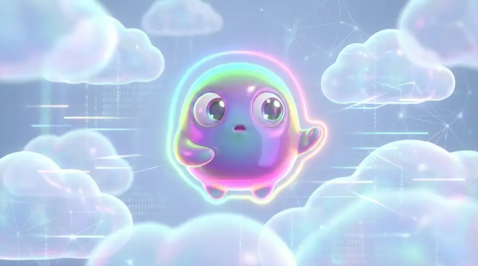 Das Maskottchen schwebt zwischen leuchtenden Wolken