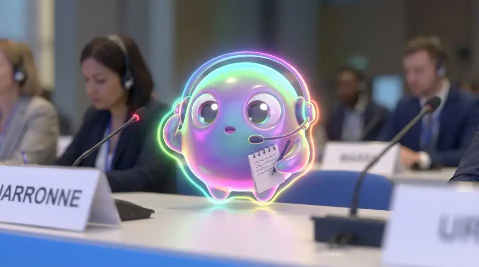 Das Maskottchen sitzt mit Headset am Dolmetscherpult einer Konferenz