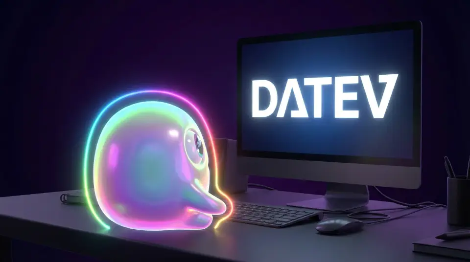 Das Maskottchen arbeitet an einem Rechner mit DATEV auf dem Bildschirm